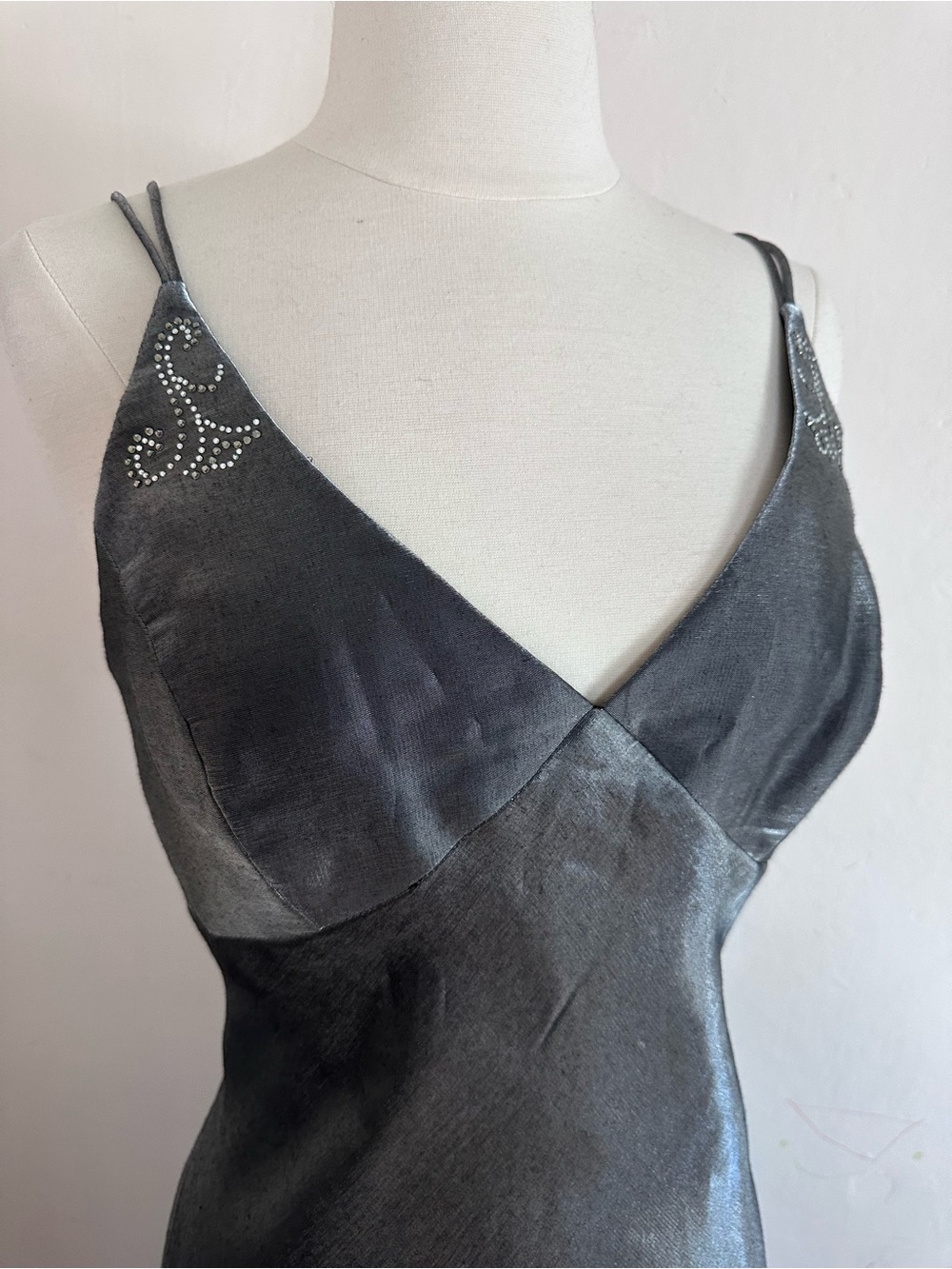 90s Y2K Iridescent Silver Prom Formal Dress Goth Fairy Sz S Lace Up Back - Picture 11 of 13